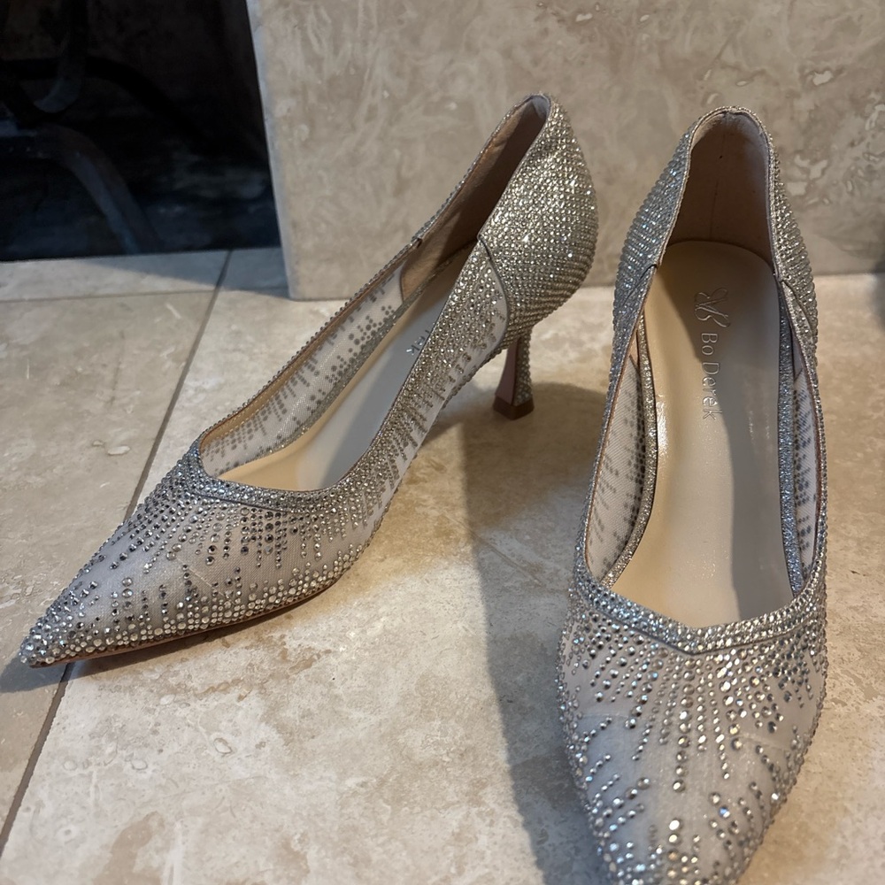 Bo Derek Silver Rhinestone Heels – Elegant Sheer Pumps (Worn Once)